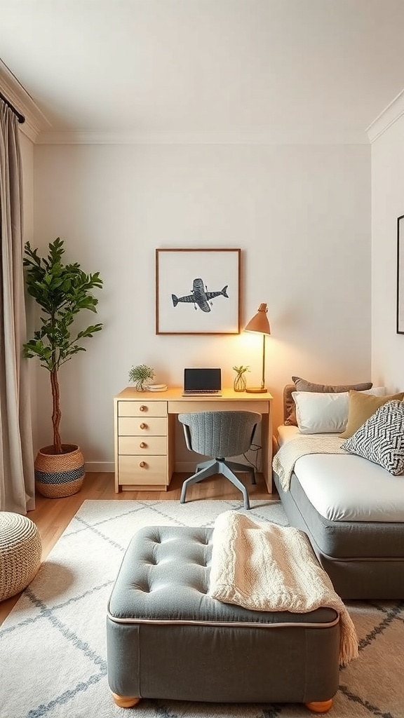 Cozy guest bedroom with functional furniture, including a bed, desk, and storage ottoman.