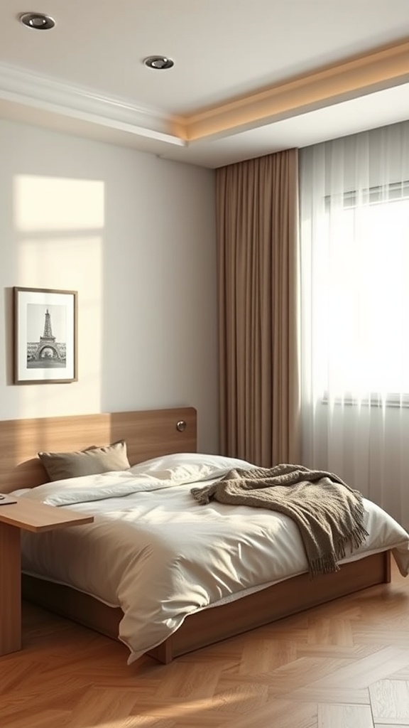 A clean and minimal bedroom with a wooden bed, a bedside table, and natural light filtering through curtains