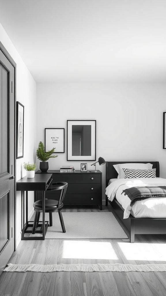 Black and white bedroom with functional furniture, including a bed, desk, and nightstand.