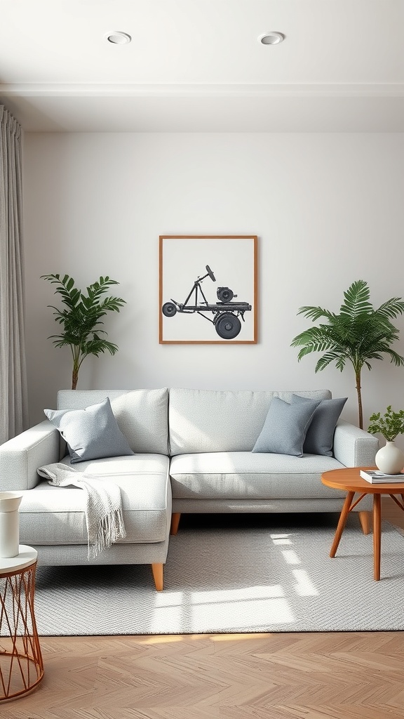 A light gray couch with blue pillows in a small living room, featuring a round wooden coffee table and plants.