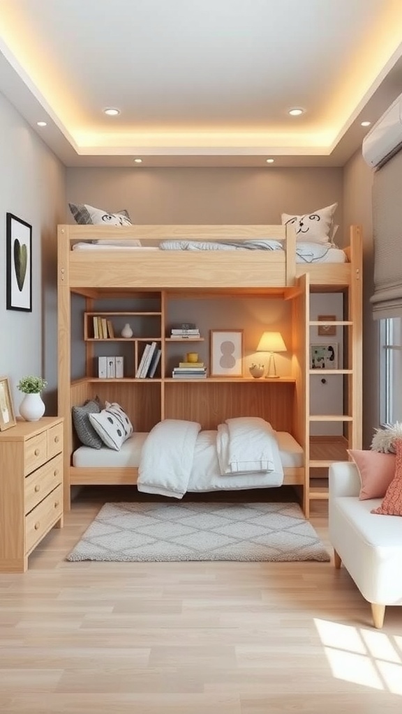 A cozy kindergarten bedroom featuring a lofted bed, storage shelves, and a small dresser.