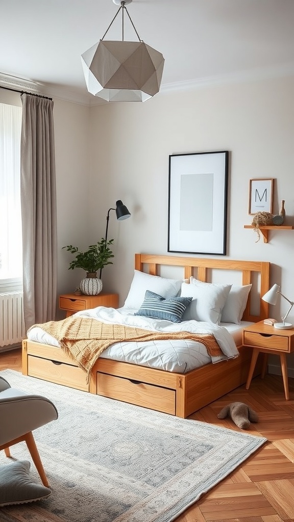 Scandinavian style bedroom with functional furniture, including a bed with storage drawers and minimalist nightstands.