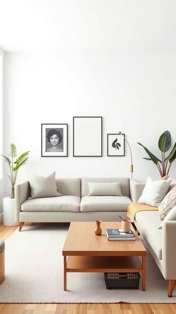 A minimalist living room featuring a light sofa, wooden coffee table, and plants.
