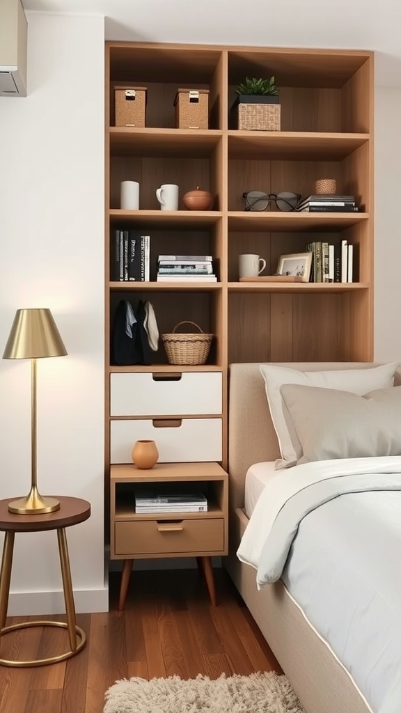 A cozy neutral bedroom with a bookshelf, nightstand, and decorative items.