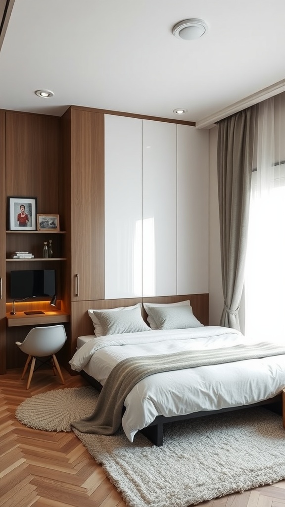 A cozy modern guest bedroom featuring a bed with a throw, a compact desk, and integrated storage.