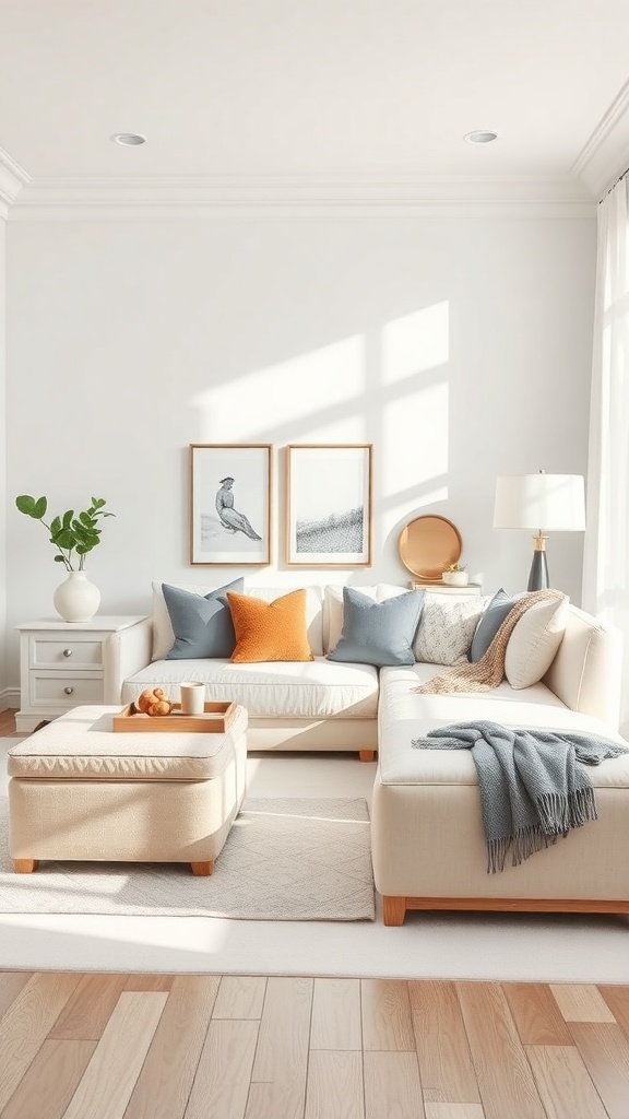 A bright white living room featuring a cozy sectional sofa with colorful cushions, a small coffee table, and a side table with a lamp.