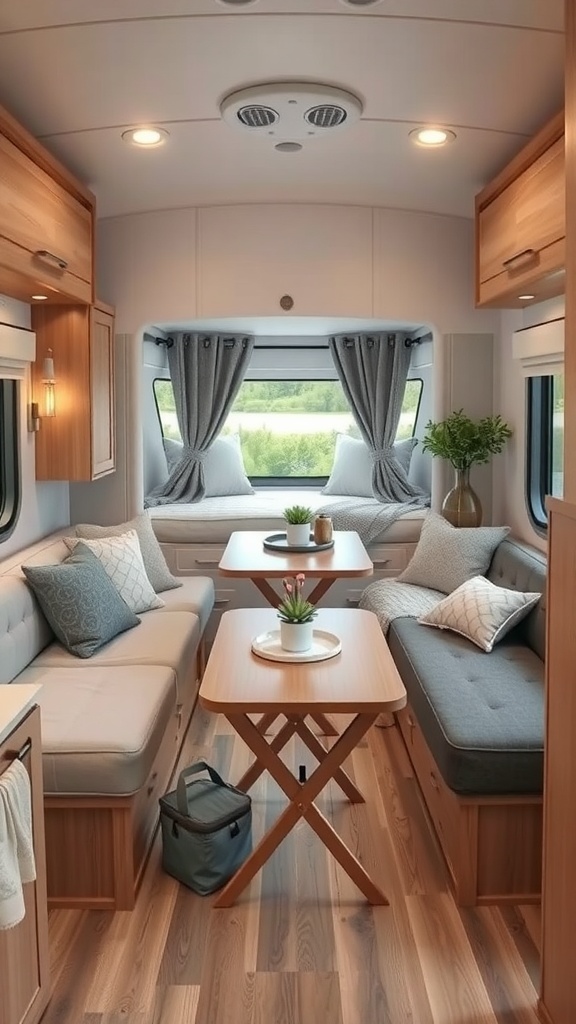 Cozy RV interior with functional furniture including sofas, a folding table, and decorative elements.