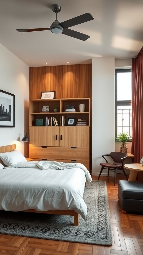 A modern Korean bedroom featuring a wooden bed, a shelving unit with books, and stylish decor.