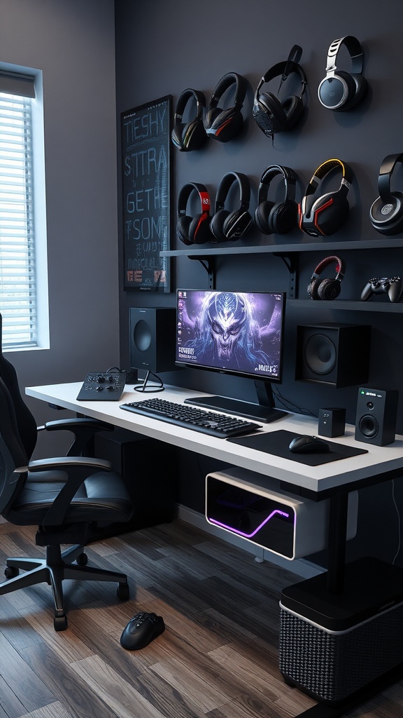A modern gaming setup featuring a desk with multiple headsets displayed on the wall, a computer monitor, keyboard, and speakers.
