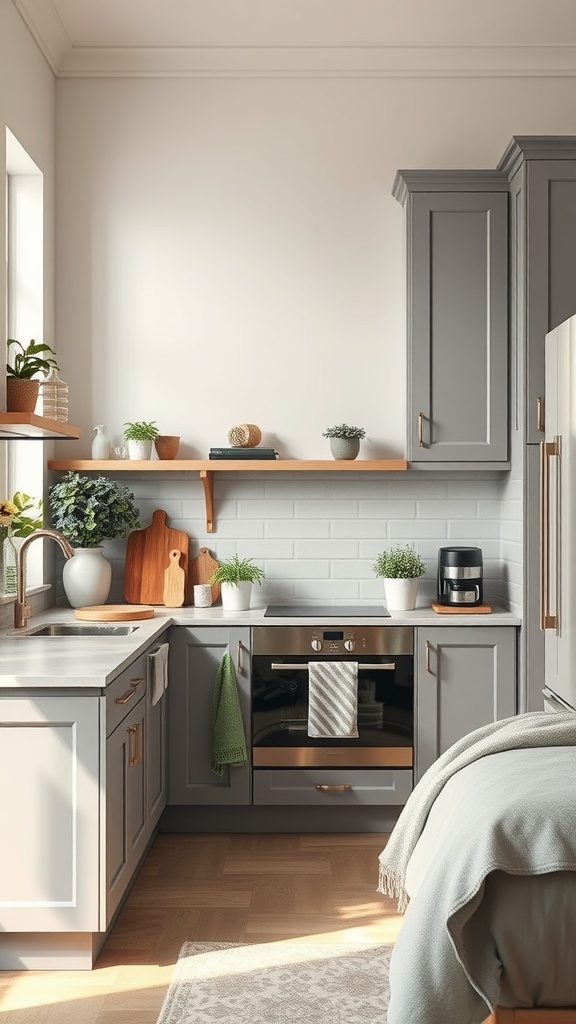 A functional grey kitchen layout featuring grey cabinetry, wood accents, and open shelving with plants.