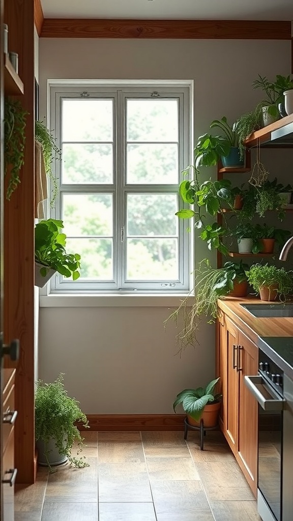 A cozy kitchen corner filled with various green plants on shelves and windowsill.