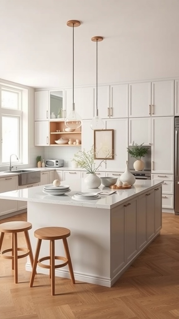 Modern kitchen with a functional island, featuring a sleek design and warm wooden accents.