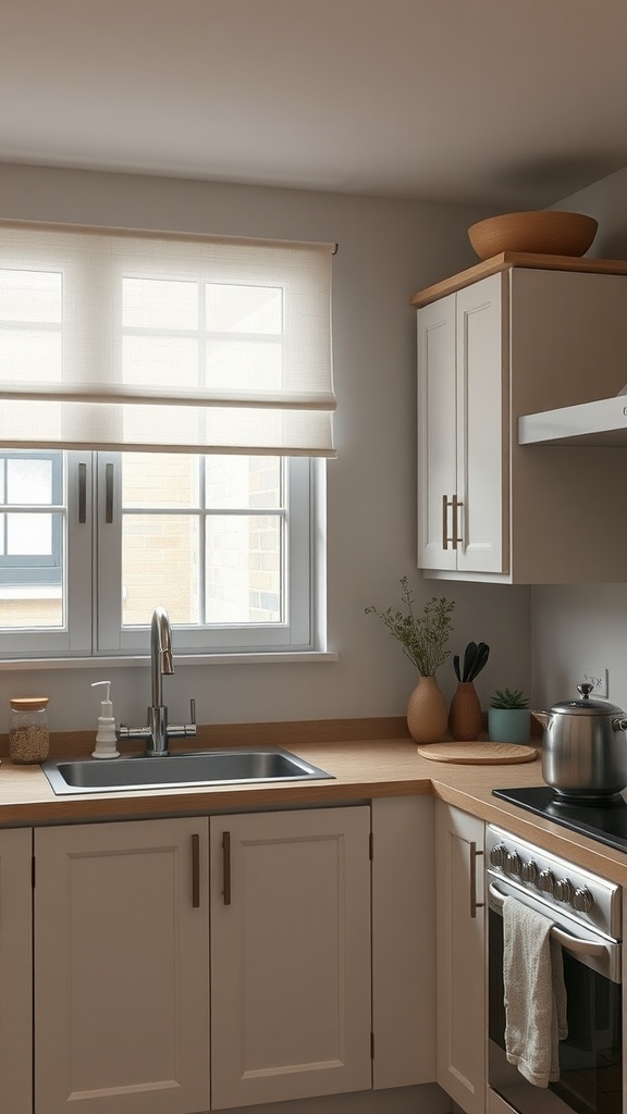 Functional kitchen shades providing privacy and natural light in a modern kitchen setting.
