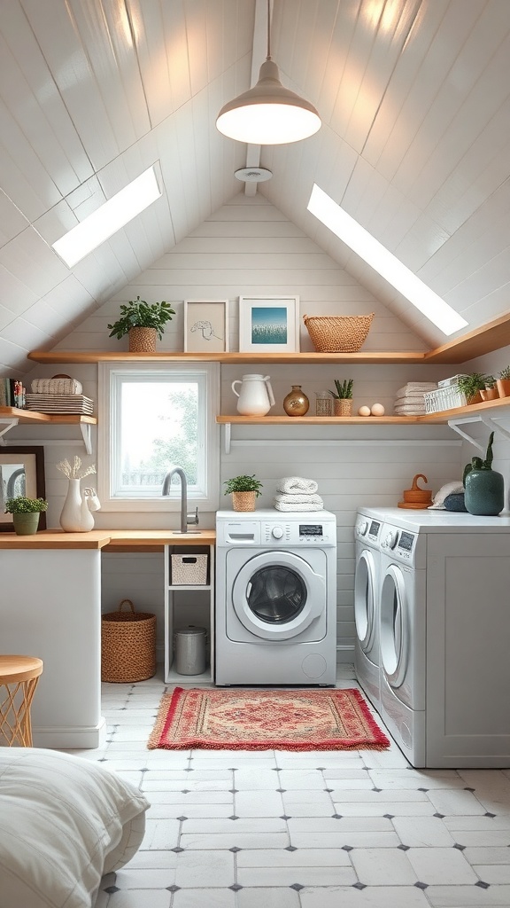 Cozy attic laundry room with white walls, sloped ceiling, washer and dryer, and decorative shelving.