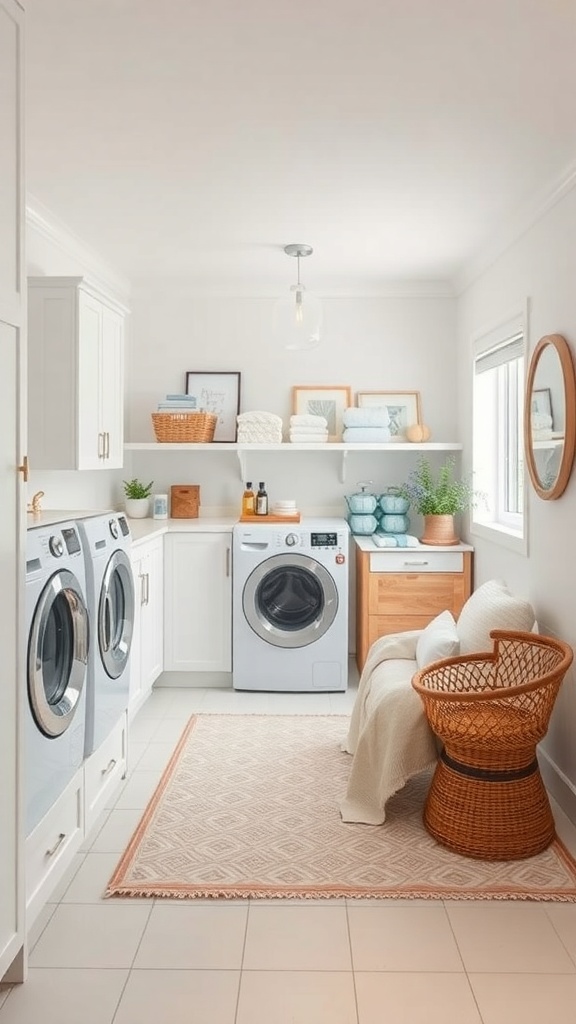 A modern laundry room featuring two washing machines, open shelves with towels, a wooden cabinet, and a cozy chair.
