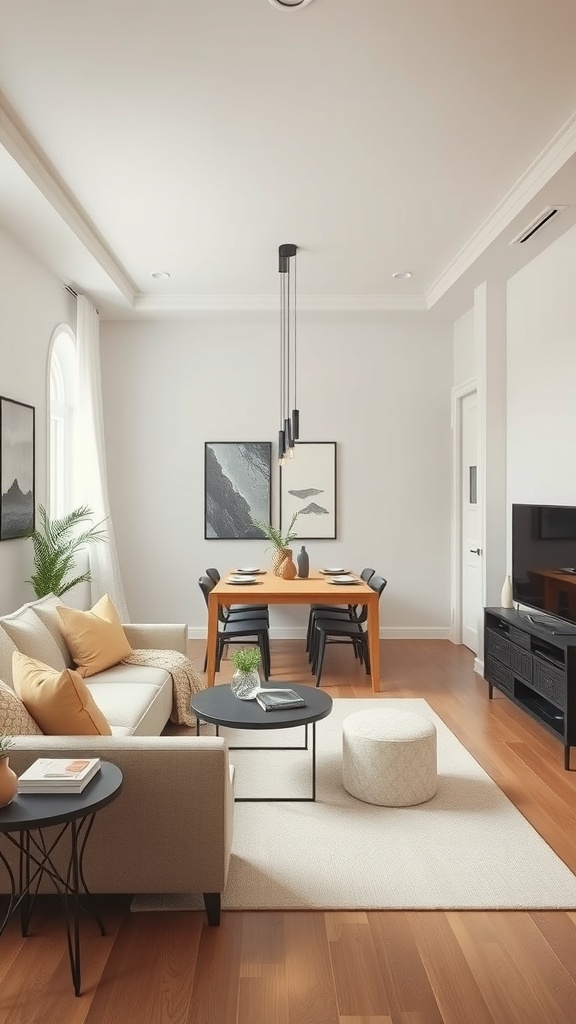 A small living room dining room combo featuring a sofa, dining table, and stylish decor.