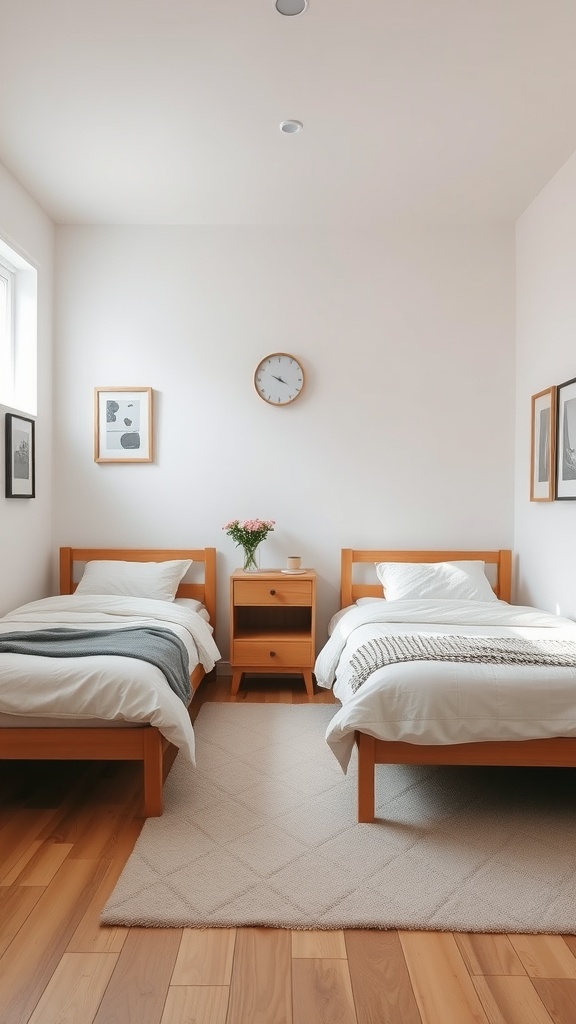 A shared bedroom featuring two wooden beds, a nightstand between them, and minimal decor.