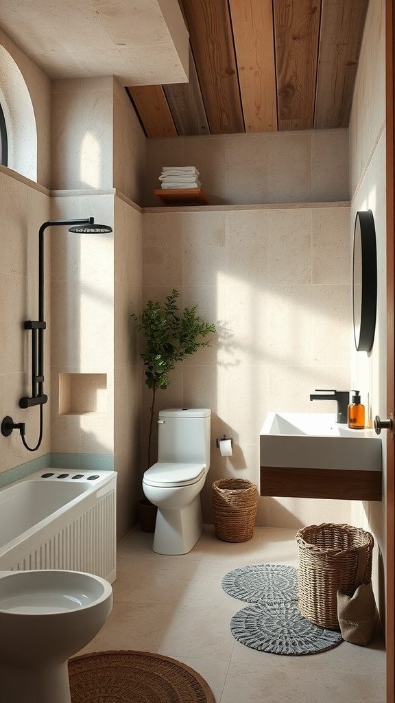 A modern rustic bathroom featuring a bathtub, sleek shower, natural light, and warm wooden tones.
