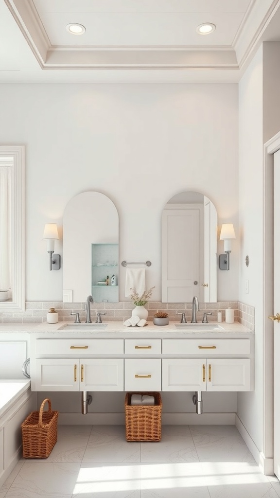 A modern family-friendly bathroom with double sinks, ample storage, and bright lighting.