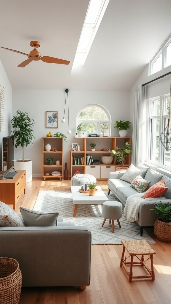 A bright living room and playroom combo featuring comfortable seating, playful decor, and organized storage.