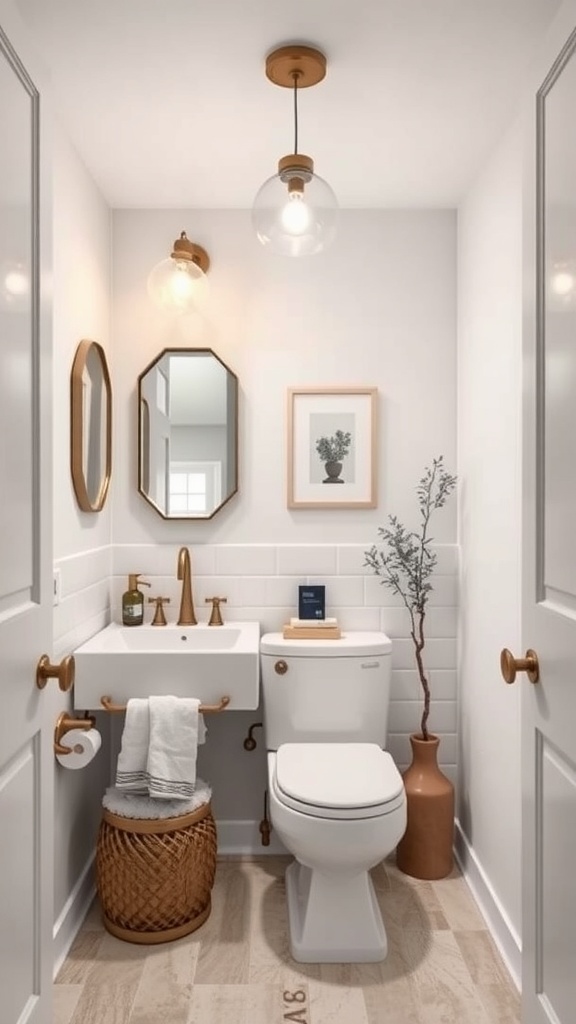 A stylish powder bathroom featuring a compact sink, warm-toned fixtures, and effective lighting.