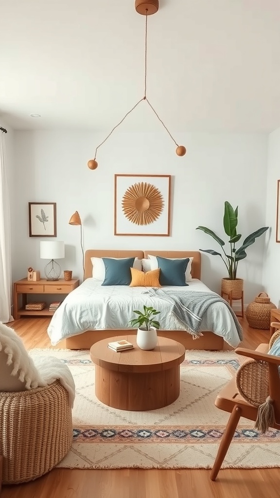 A cozy boho living room with a circular coffee table, woven chair, and natural elements.