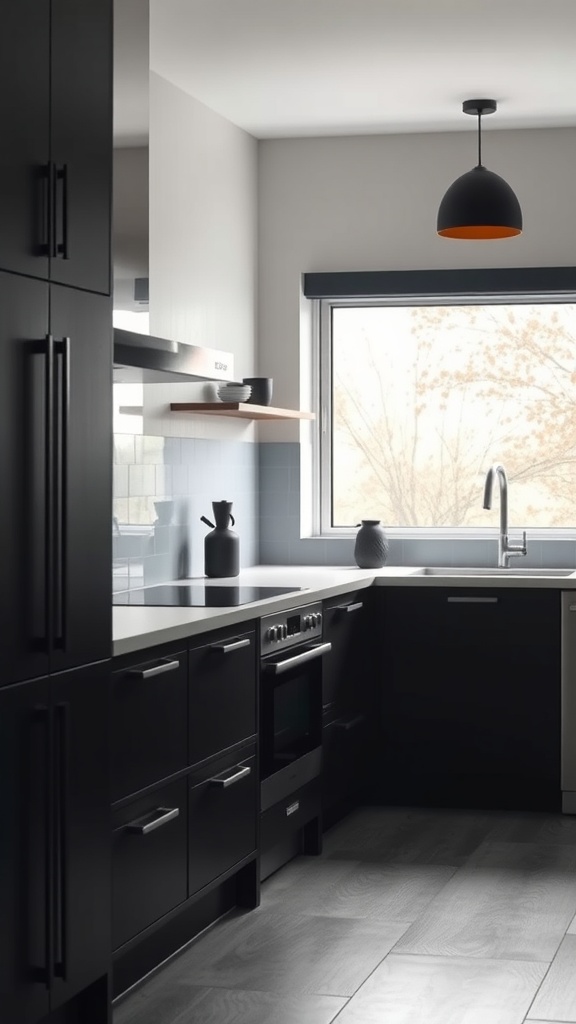 A modern kitchen featuring dark cabinets, light countertops, and a large window.