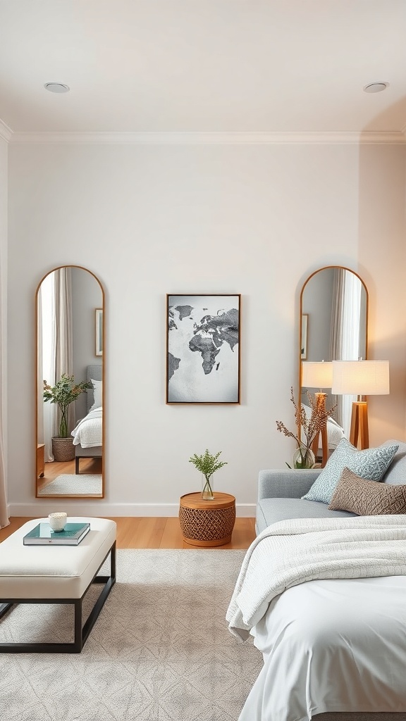 A stylish living room featuring two tall arched mirrors, a cozy sofa, and a decorative wall art piece.