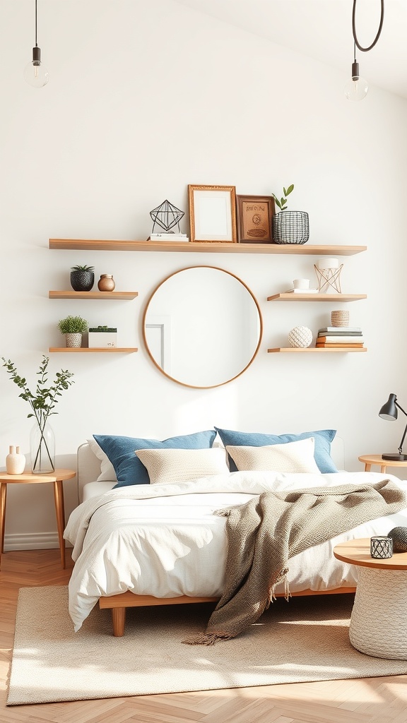 A modern living room featuring a round mirror above wooden shelves with decorative items.