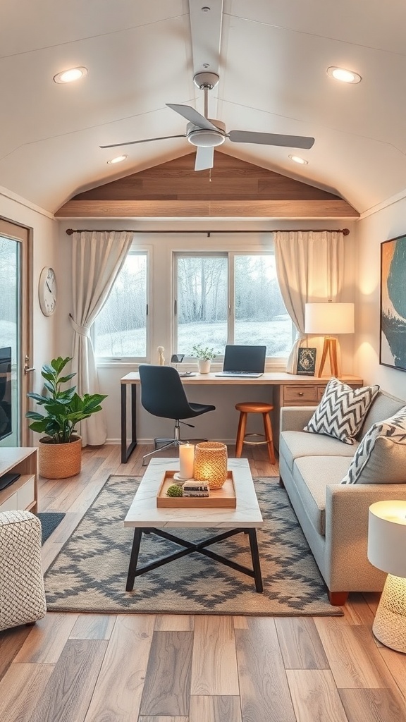 A cozy mobile home living room featuring a sofa, coffee table, workspace, and large windows with natural light.