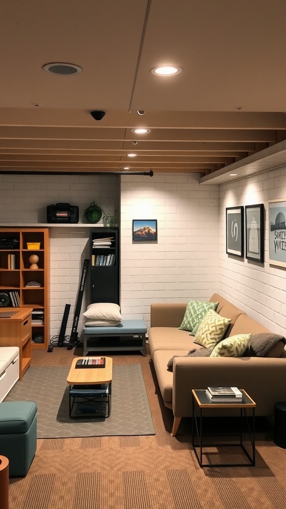 A cozy basement living room featuring a couch, coffee table, and shelving unit