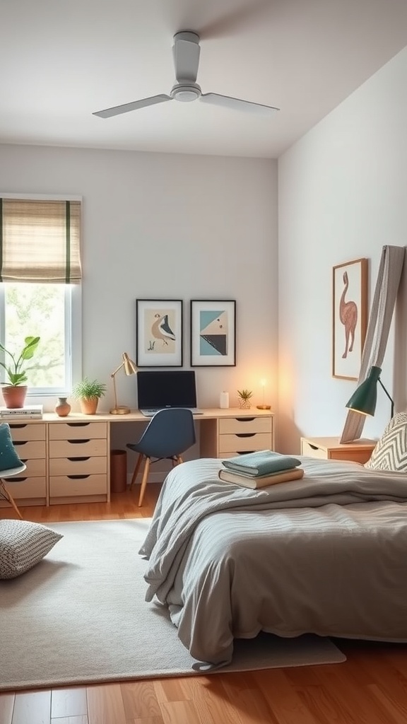 A stylish teen bedroom featuring a bed, workspace, and storage with plants and artwork.