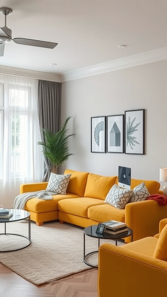 A bright yellow sectional couch in a cozy living room with natural light, decorative pillows, and plants.