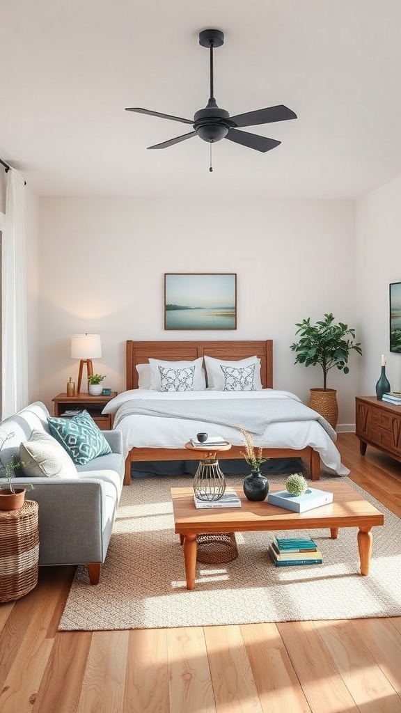 A cozy farmhouse living room with a sofa, coffee table, and plants, showcasing a functional multi-purpose space.