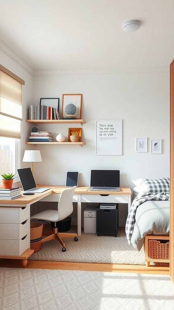 A stylish teen bedroom with a bed and a functional study area featuring dual desks, computers, and stylish decor.
