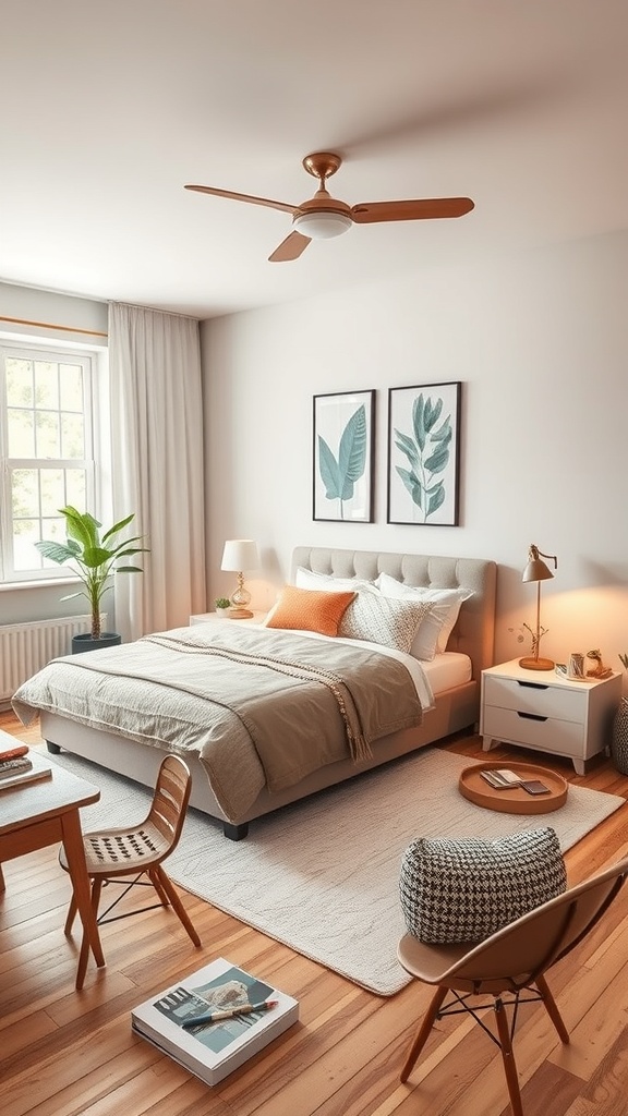 A cozy multi-use room featuring a bed, seating area, and decorative elements.