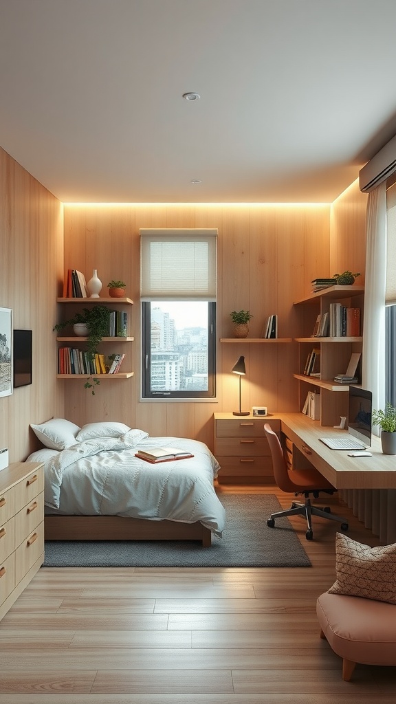 Cozy teen bedroom with wood accents, a bed, desk, and bookshelves.