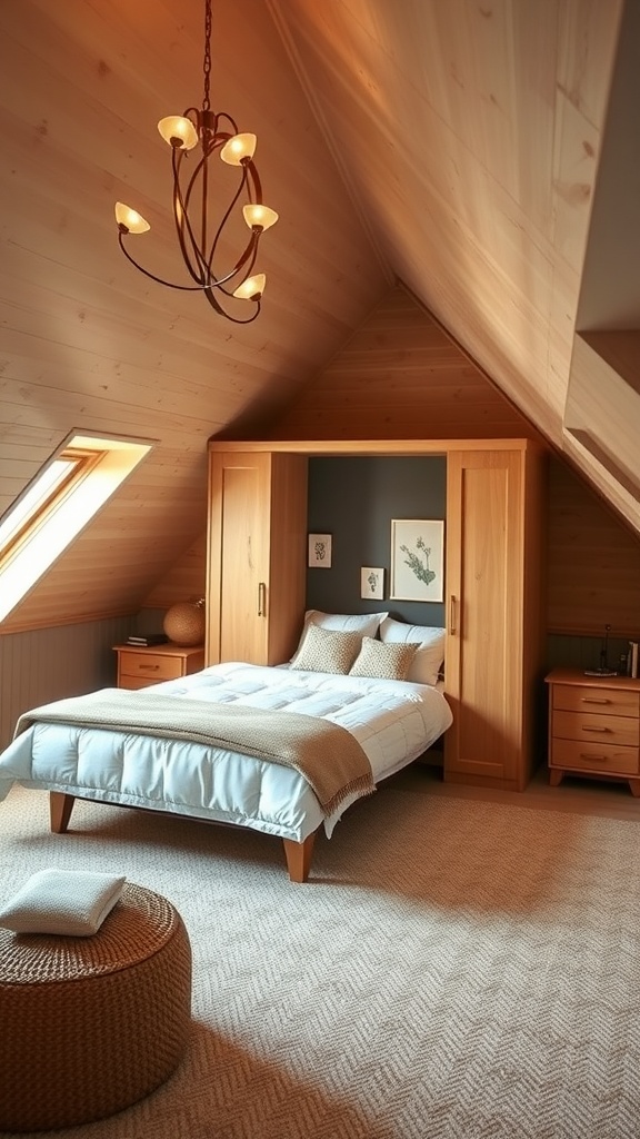 A cozy attic bedroom featuring a Murphy bed integrated into wooden cabinetry, warm lighting, and soft bedding.