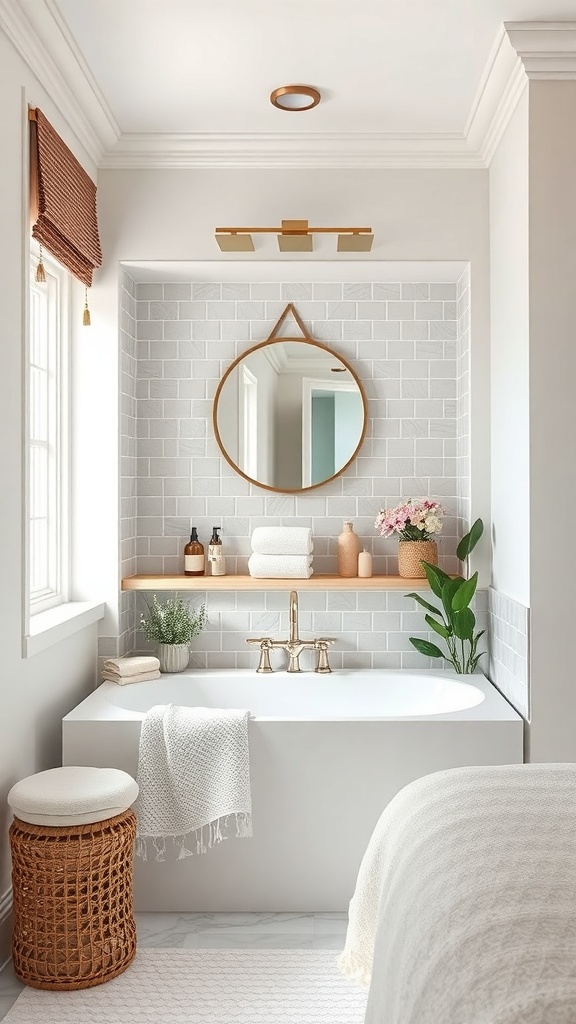 A stylish bathroom niche with a wooden shelf displaying towels and decorative items, featuring a bathtub and plants.