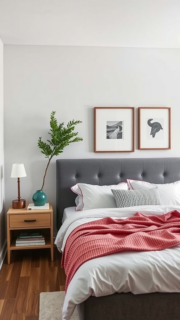 A masculine small bedroom with a wooden nightstand, a lamp, and a green decorative item.