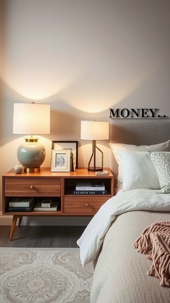 A stylish guest bedroom nightstand with two lamps, books, and a decorative item.
