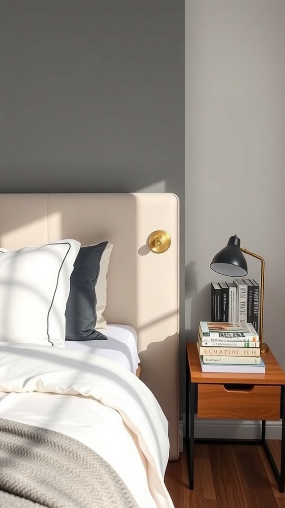 A cozy bedroom with a stylish nightstand featuring a stack of books and a lamp.