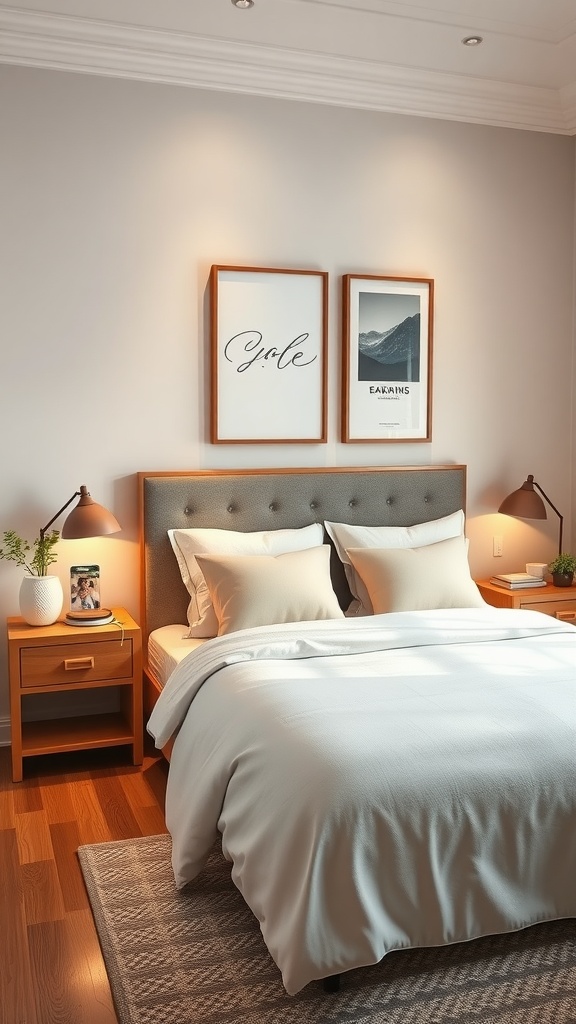 Cozy small bedroom with functional nightstands featuring charging stations