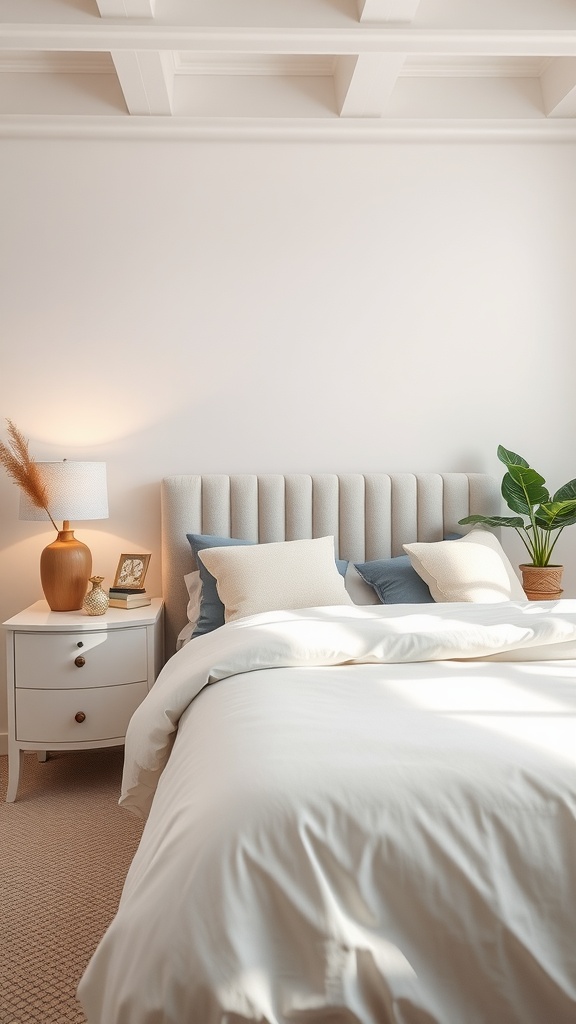 A neutral aesthetic bedroom featuring stylish nightstands with a lamp and a plant.