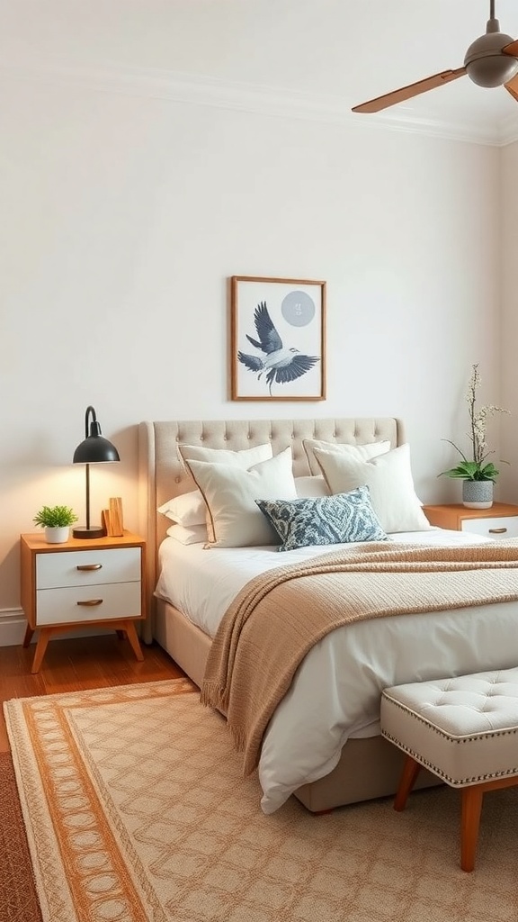 A cozy small bedroom featuring stylish nightstands with lamps and decorative items.