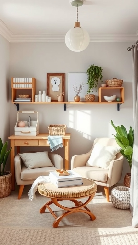 A cozy nursery corner with two chairs, a central table, and organized shelves, ideal for nursing twins.