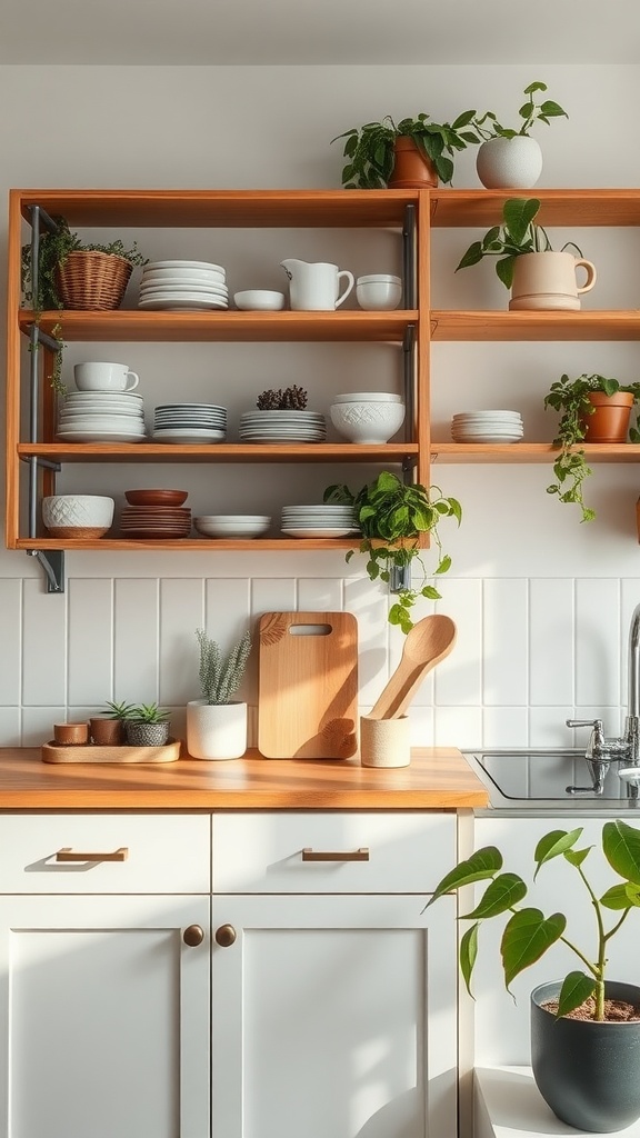 A bright kitchen with wooden open shelving displaying dishware and plants