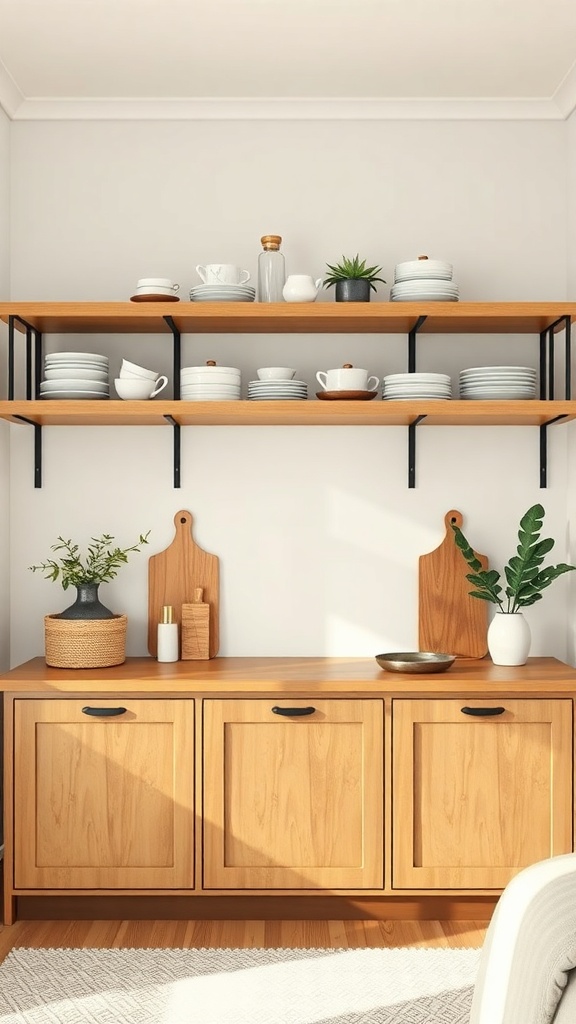 A Japandi kitchen featuring functional open shelving with dishes and plants.