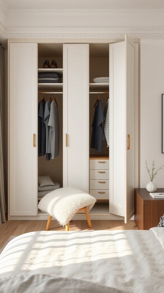 A sleek, modern open wardrobe in a small bedroom with organized clothes and a cozy ottoman.
