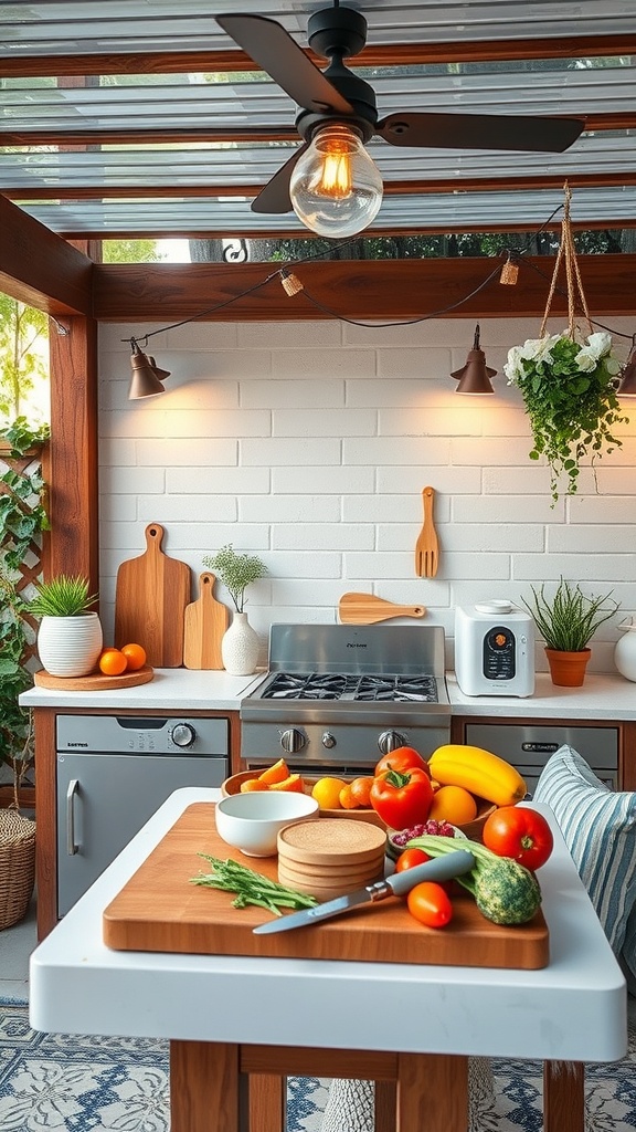 An outdoor kitchen prep station with fresh vegetables, a stove, and cozy lighting.